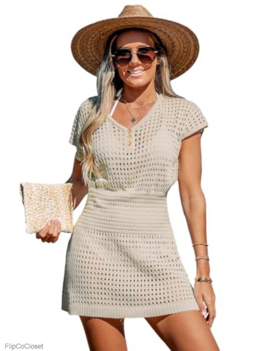 Crochet Swim Cover Up Mini Dress Button V Neck